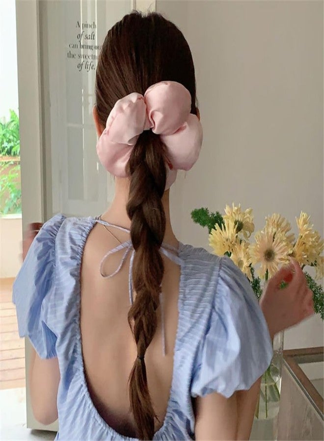 دينبري ربطات شعر ساتان كبيرة مزينة بالزهور للنساء، ربطات شعر حريرية على شكل زهور للفتيات، إكسسوارات شعر كورية عصرية كبيرة الحجم مزينة بالزهور للشعر الكثيف المجعد (وردي وبيج) - Image 5